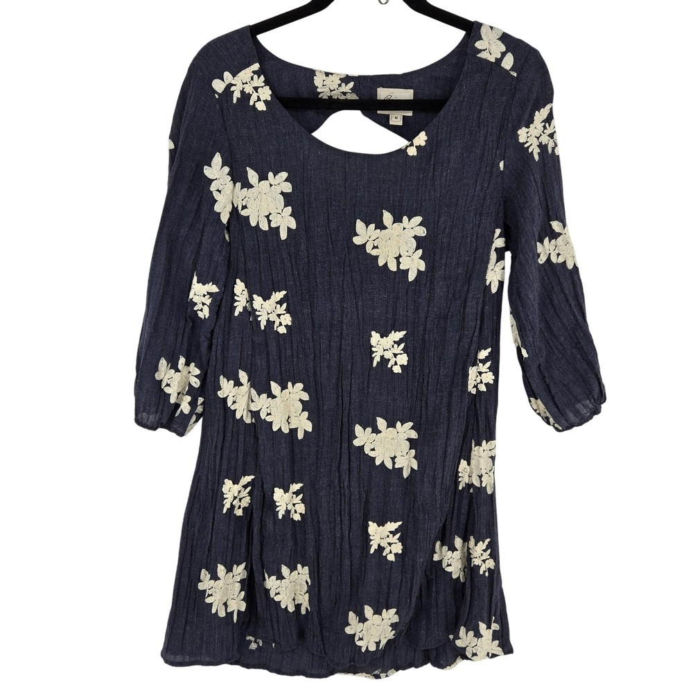 Beige by eci Dress Womens Medium Navy Blue Floral‎ Embroidered 3/4 Sleeve Tunic